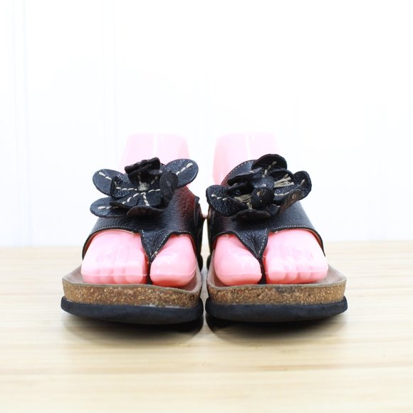 MEPHISTO Women's Violette Flower Black Leather Thong Sandals Cork Footbed 37 / 7 - Picture 4 of 9